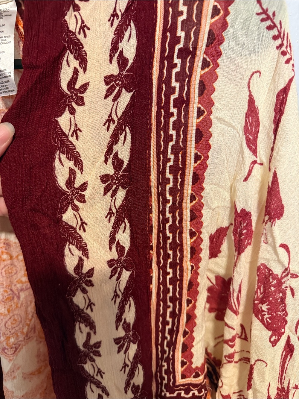 Free People Cream, Burgundy & Orange Boho Open-Front Kimono - Picture 7 of 7